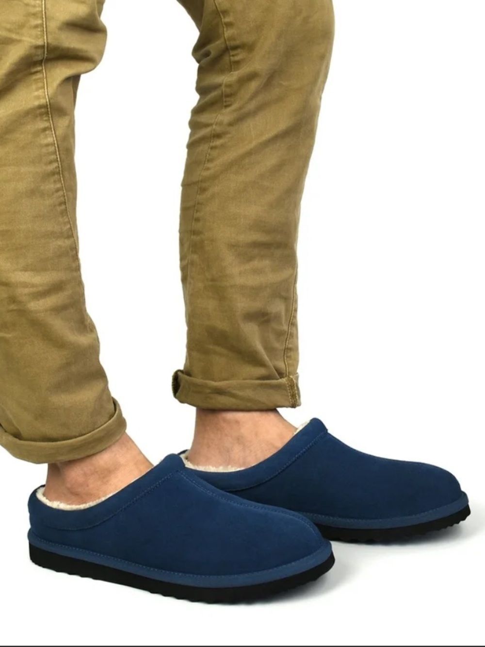 George 13-14 Navy Blue Ivory Genuine Suede Leather Sherpa Lined Slippers